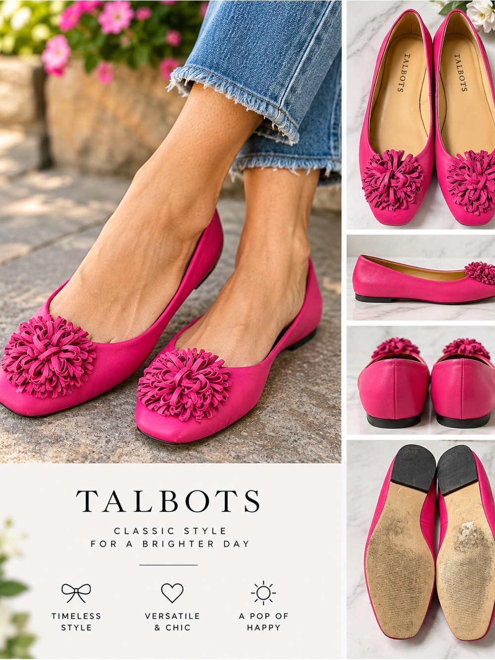 Talbots Hot Pink Floral Pom Pom Ballet Flats